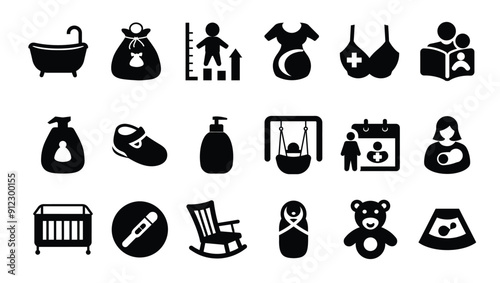 Black white icon set motherhood, parenting child parenthood family