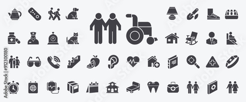 Set icons related to elderly people including senior couple person in wheelchair walker cane magnifying glass clock medical alert button, equity diversity inclusion accessibility