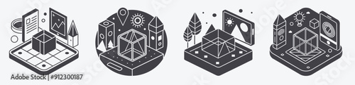 Augmented reality technology by set isometric illustrations, activity indoors outdoors place