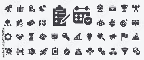 Set black white icons various concepts related to project management planning scheduling execution, team risk collaboration communication