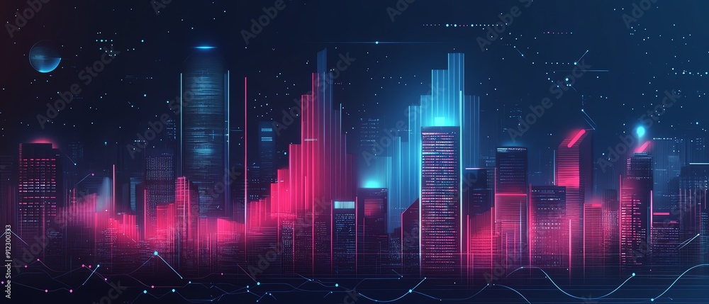 A vibrant digital skyline featuring glowing buildings and abstract data visualizations in blue and pink hues. A vibrant digital skyline featuring glowing buildings and abstract data visualizations in blue and pink hues.