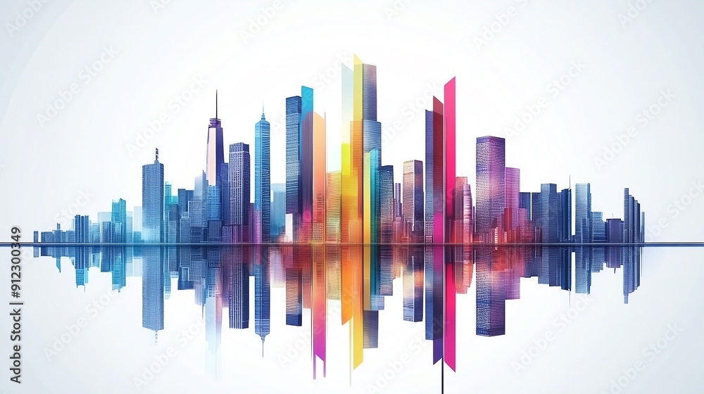 Vibrant city skyline illustration reflecting in calm waters, showcasing modern architecture with colorful tones and artistic design.