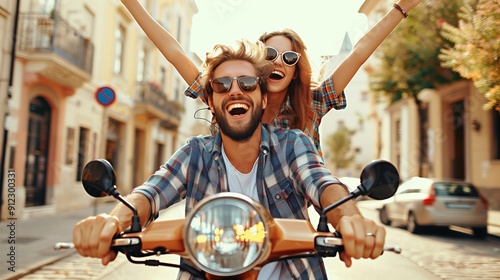 Fototapeta Naklejka Na Ścianę i Meble -  Happy young couple riding on a motorbike, having fun and smiling while sitting together in the city street