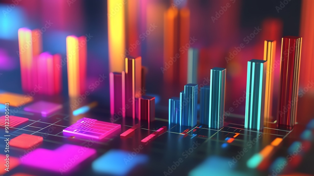 Colorful 3D bar graph on a digital interface, showcasing vibrant data visualizations for business and technology themes. Colorful 3D bar graph on a digital interface, showcasing vibrant data visualizations for business and technology themes.