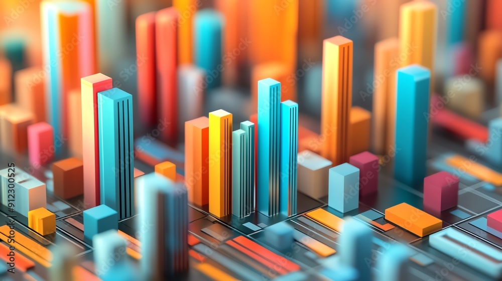 Obraz premium Vibrant 3D illustration of colorful data visualization with rising bars and abstract shapes, ideal for technology and analytics themes.