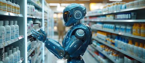 A humanoid robot navigating a pharmacy aisle, showcasing futuristic automation in healthcare.