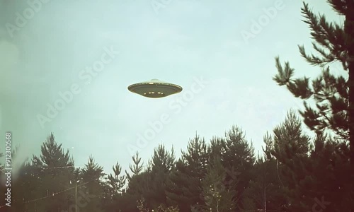 Wide Shot of UFO Hovering Above Pine Forest on a Cloudy Day