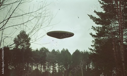 Wide Shot of UFO Hovering Above Pine Forest on a Cloudy Day
