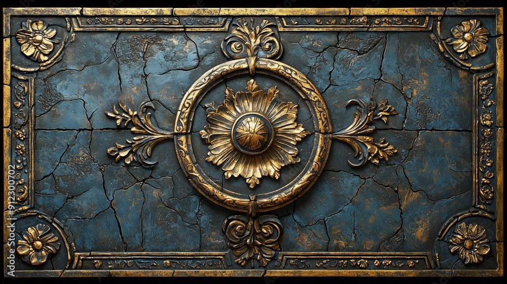 An elaborate wall panel showcases a detailed floral motif with a golden center on a textured blue backdrop An elaborate wall panel showcases a detailed floral motif with a golden center on a textured blue backdrop
