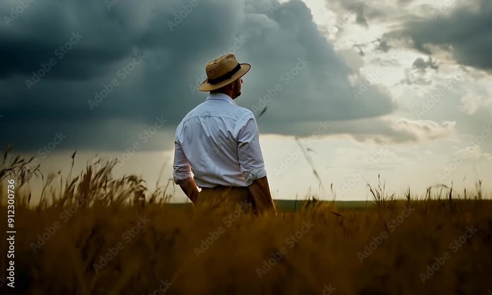 Wide Shot of Man in Hat Walking Through Wheat Field at Sunset Wide Shot of Man in Hat Walking Through Wheat Field at Sunset