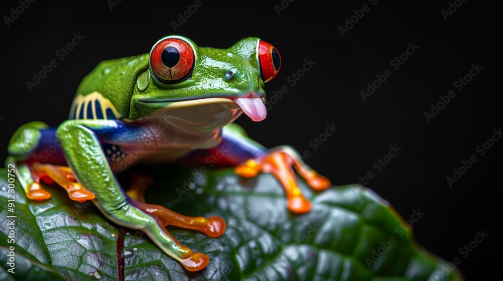 Obraz premium red eyed tree frog sitting on a leaf with its tongue out,