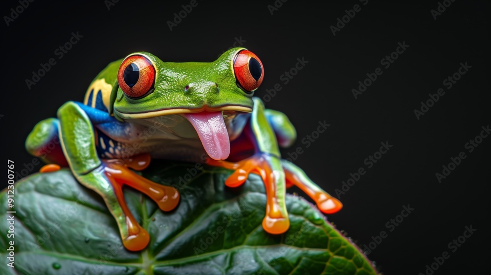 Naklejka premium red eyed tree frog sitting on a leaf with its tongue out,