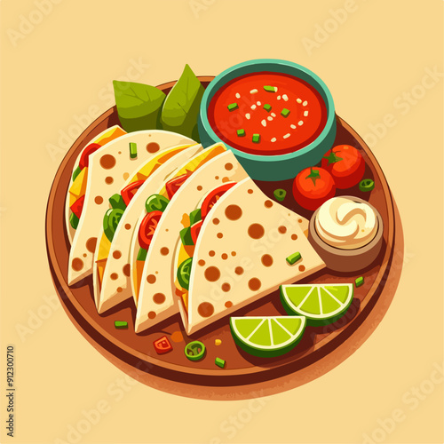 Mexican food set. Guacamole, chiltomate, quesadillas, chile ennogada, nachos, enmoladas, burritos, tamales, tacos, fajitas, etc. Vector illustration isolated on white background.