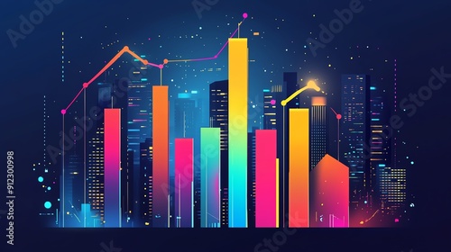 Colorful financial graph over a city skyline, ideal for business, technology, and data analysis presentations.