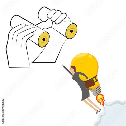 Businesswoman with light bulb jetpack flying high Business career vector illustration design isolated