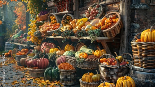 A farmer's market stall brimming with colorful squash, pumpkins, and baskets of freshly picked herbs. 