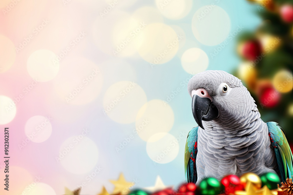 Fototapeta premium Parrot on blurred festive background with copy space. Christmas holiday theme, with soft bokeh lights and decorated Christmas tree branches.