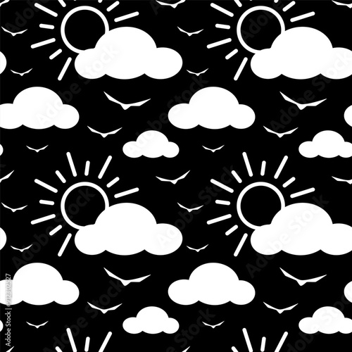 Monochrome retro seamless pattern with clouds. Black and white vector illustration of sky and cloudy weather. Dark background with clouds, sun and birds.