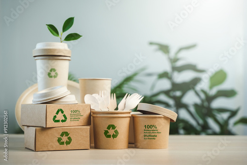Eco-Environmentally friendly paper containers and packaging made from biodegradable materials, zero waste and recycling concept, green or disposable packaging.