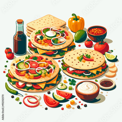Mexican food set. Guacamole, chiltomate, quesadillas, chile ennogada, nachos, enmoladas, burritos, tamales, tacos, fajitas, etc. Vector illustration isolated on white background.