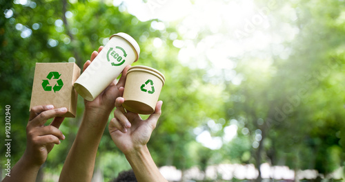 Eco-Environmentally friendly paper containers and packaging made from biodegradable materials, zero waste and recycling concept, green or disposable packaging. photo