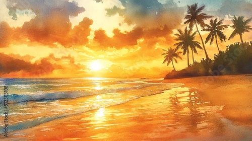 A breathtaking sunset over a tropical beach, with vibrant skies, gentle waves, and palm trees silhouetted against the horizon.