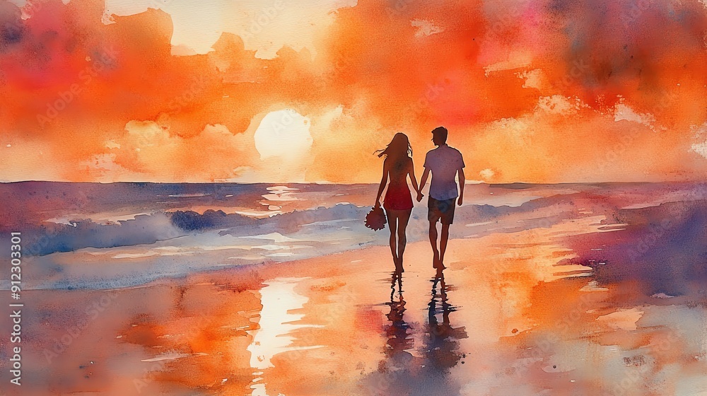 Fototapeta premium A romantic sunset scene featuring a couple walking hand in hand along a beach, with vibrant colors reflecting on the water.
