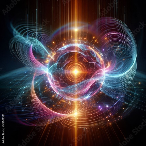 Futuristic abstract neon energy ball with glowing magical waves on dark background 