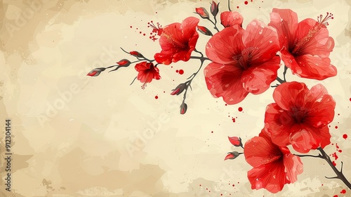 Red Flowers Painting on Beige Background