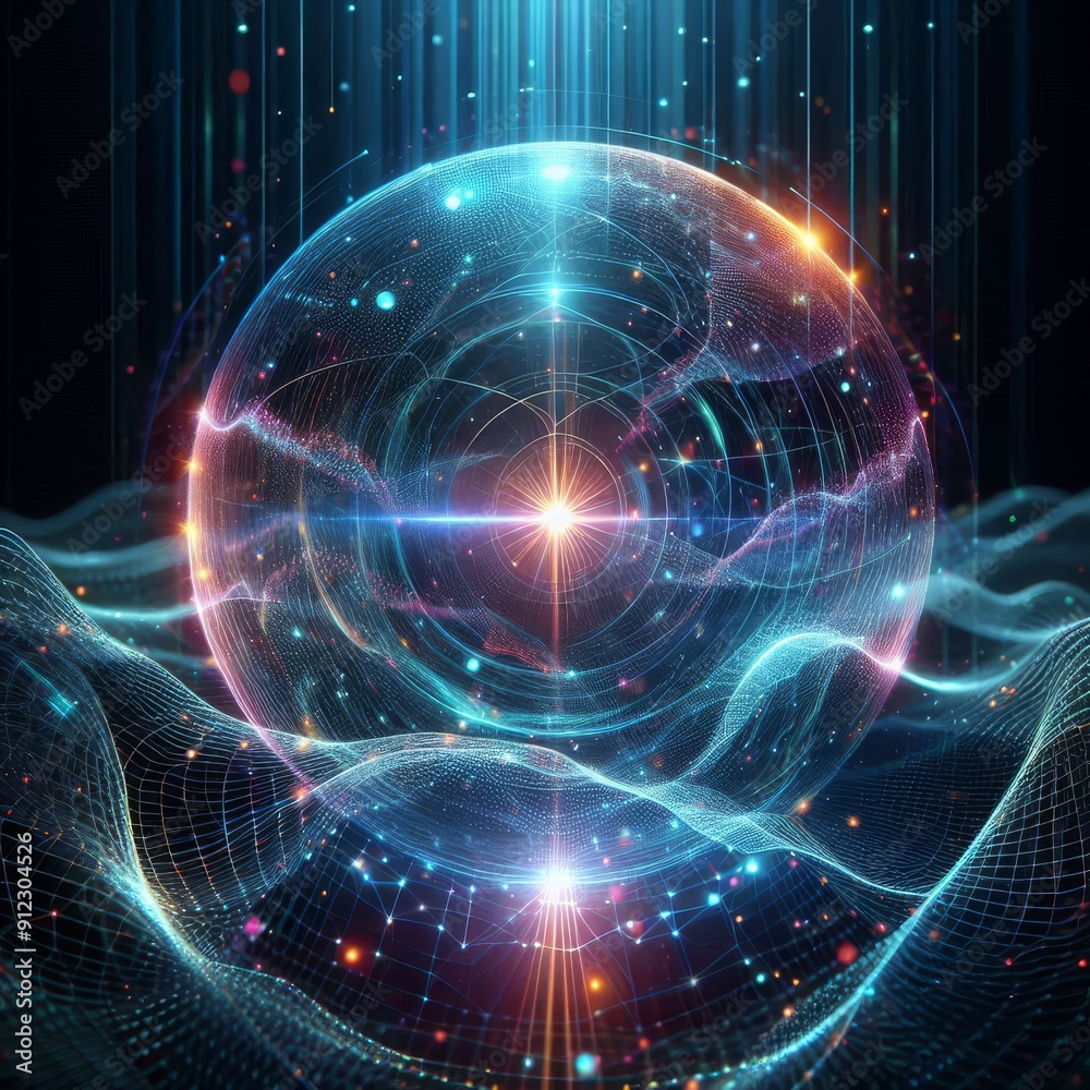 Obraz premium Futuristic abstract neon energy ball with glowing magical waves on dark background 