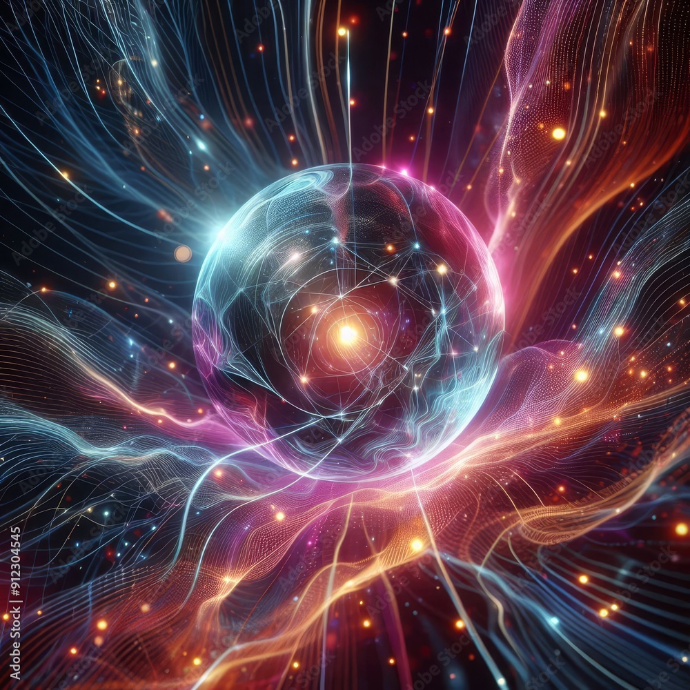 Obraz premium Futuristic abstract neon energy ball with glowing magical waves on dark background 