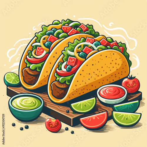 Mexican food set. Guacamole, chiltomate, quesadillas, chile ennogada, nachos, enmoladas, burritos, tamales, tacos, fajitas, etc. Vector illustration isolated on white background.