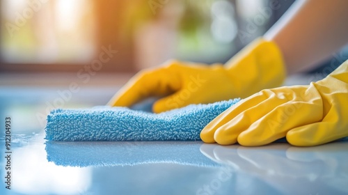 Close up of a woman's hand in yellow gloves cleaning a table with a blue microfiber cloth..