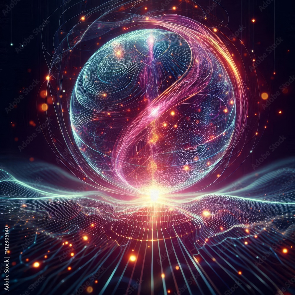 Obraz premium Futuristic abstract neon energy ball with glowing magical waves on dark background 