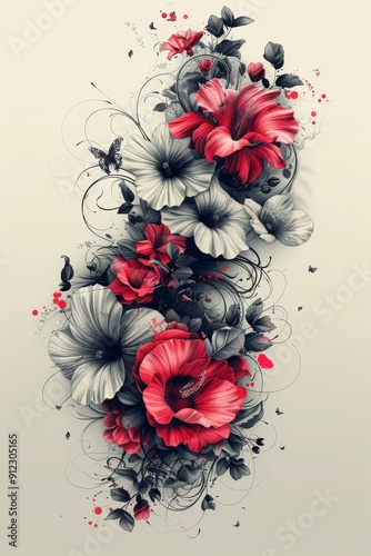 Drawing of Flowers on White Background