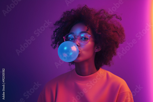 A captivating portrait of an African American woman with curly hair and glasses, blowing bubble gum against a purple background illuminated by neon lights. The soft glow accentuates her vibrant outfit