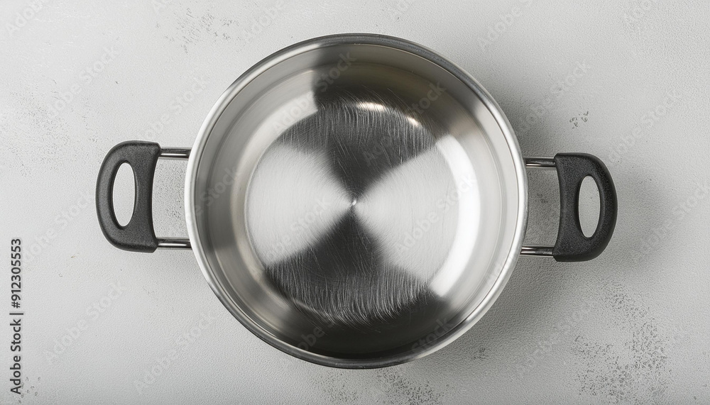 Modern stainless steel pan isolated on white cement surface. Kitchen cooking equipment. Modern stainless steel pan isolated on white cement surface. Kitchen cooking equipment.