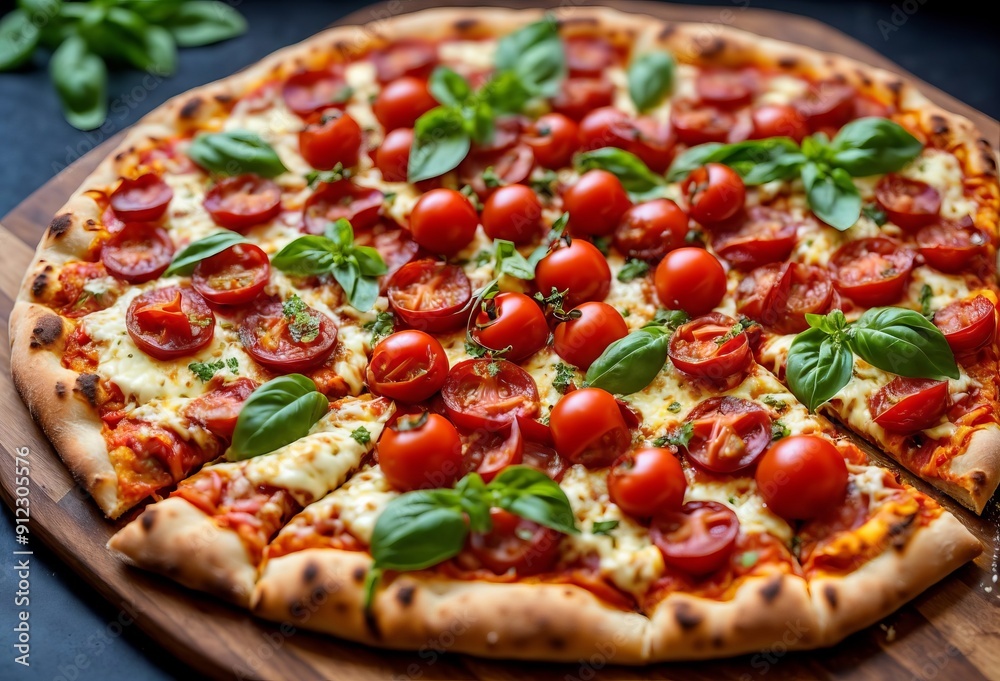 Pepperoni pizza with tomatoes, close up photo, juicy food on the table Pepperoni pizza with tomatoes, close up photo, juicy food on the table
