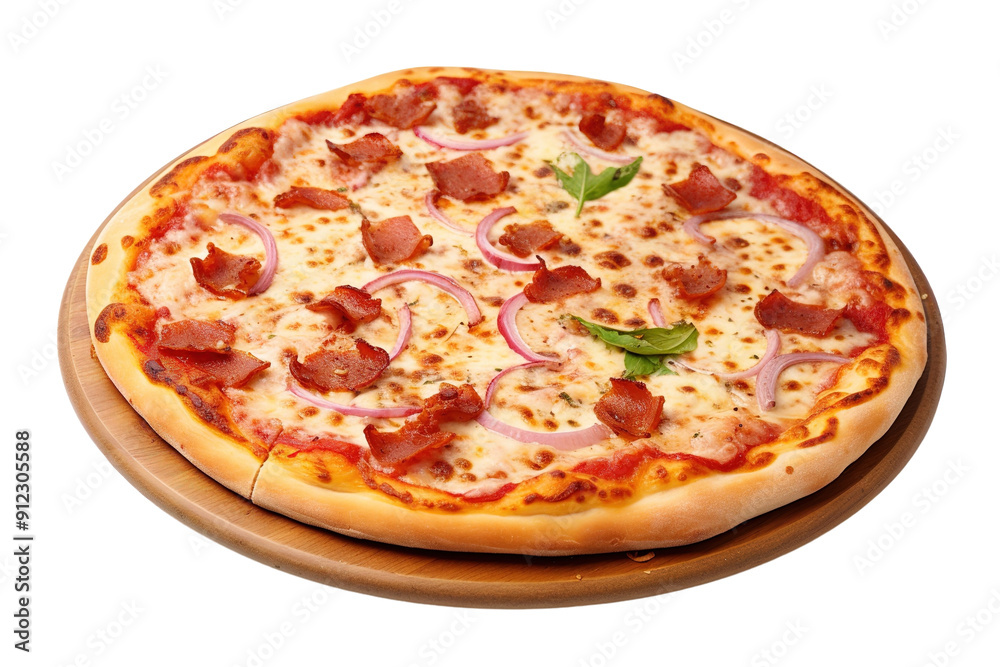 A Deliciously Decadent Pizza Topped With Bacon and Onions on a White or Clear Surface PNG Transparent Background A Deliciously Decadent Pizza Topped With Bacon and Onions on a White or Clear Surface PNG Transparent Background