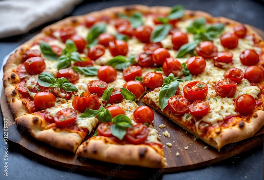 Pepperoni pizza with tomatoes, close up photo, juicy food on the table Pepperoni pizza with tomatoes, close up photo, juicy food on the table