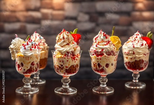 Assorted sundy ice cream with whipped cream and syrup photo