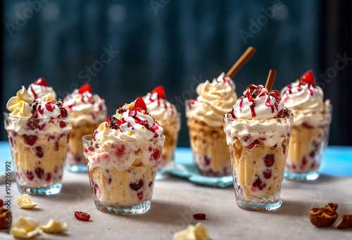 Assorted sundy ice cream with whipped cream and syrup photo