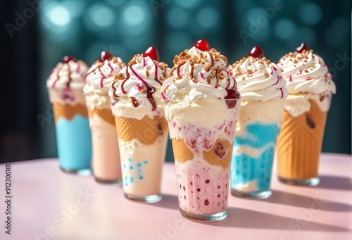 Assorted sundy ice cream with whipped cream and syrup photo