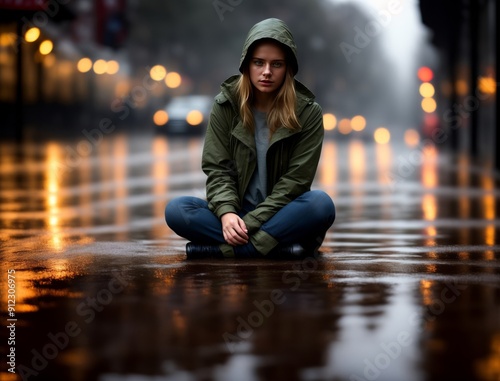 Girl sitting on wet pavement in the middle of the road.