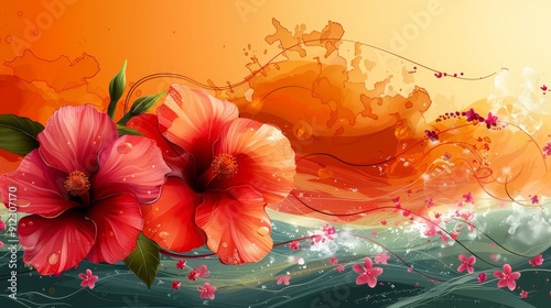 Two Pink Flowers on Orange Background