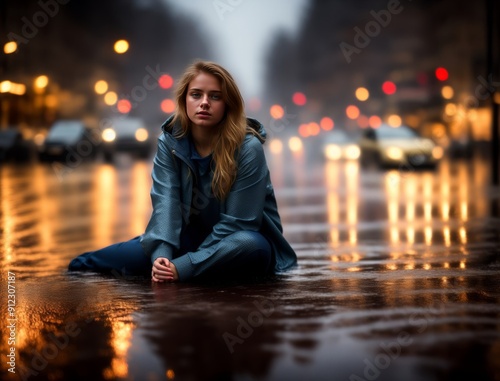 Girl sitting on wet pavement in the middle of the road. photo