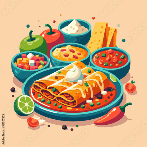 Mexican food set. Guacamole, chiltomate, quesadillas, chile ennogada, nachos, enmoladas, burritos, tamales, tacos, fajitas, etc. Vector illustration isolated on white background.