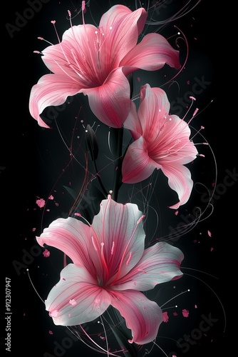 Three Pink Flowers on Black Background