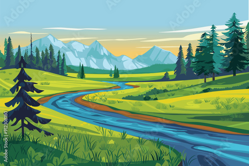 Beautiful mountains river landscape, clear water, mountain ridge, forest, meadow shores pine trees vector