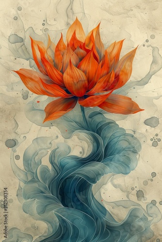 Orange Flower Painting on White Background